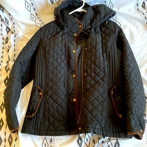 Black quilted pattern coat. Button up/zipper.